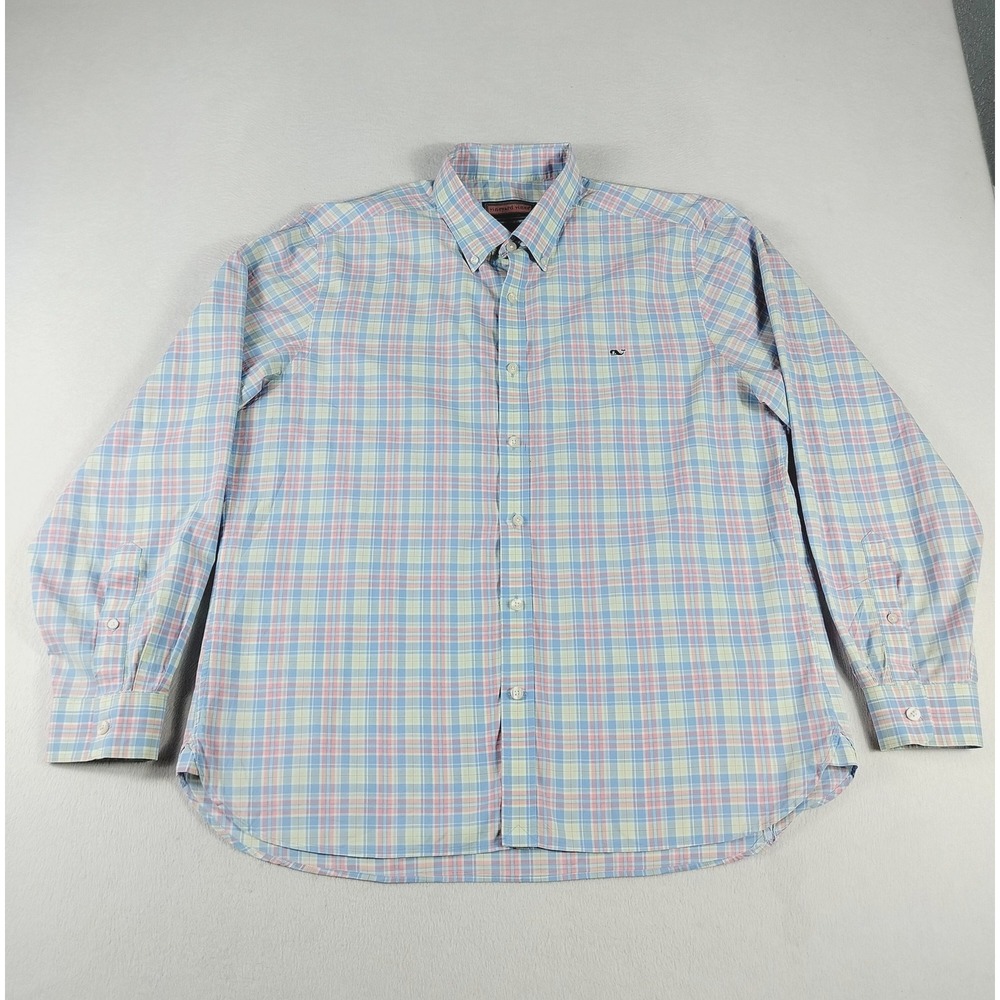 Vineyard Vines Shirt Mens Medium Blue Pink Plaid Button Down Whale Logo Cotton - Picture 1 of 10